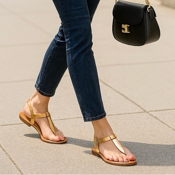 ZARA Gold Leather Flat Sandals Size 7.5 EU 38 NWT Leather Upper, Rubber Sole - Picture 2 of 10